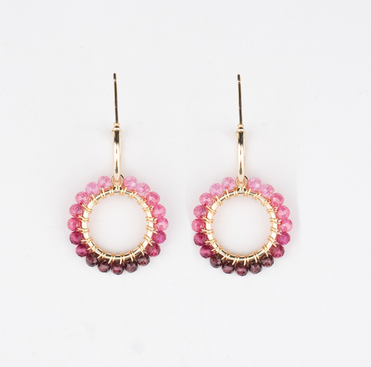 Mini Hoop Earrings with Pink Tourmaline Beaded Charm